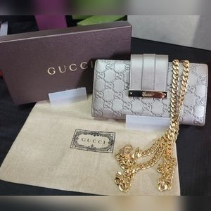 🔥GUCCI GREY GUCCISSIMA LEATHER WEB LOGO CONTINENTAL WALLET